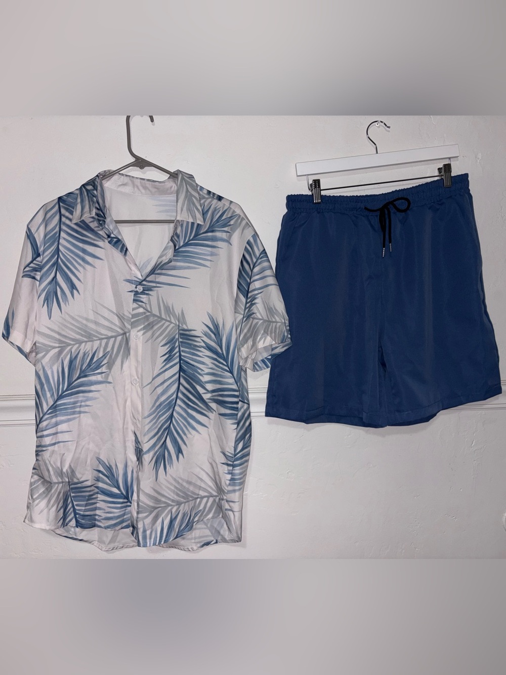 SHEIN White Tropical Palm Print Shirt with Blue Swim Shorts